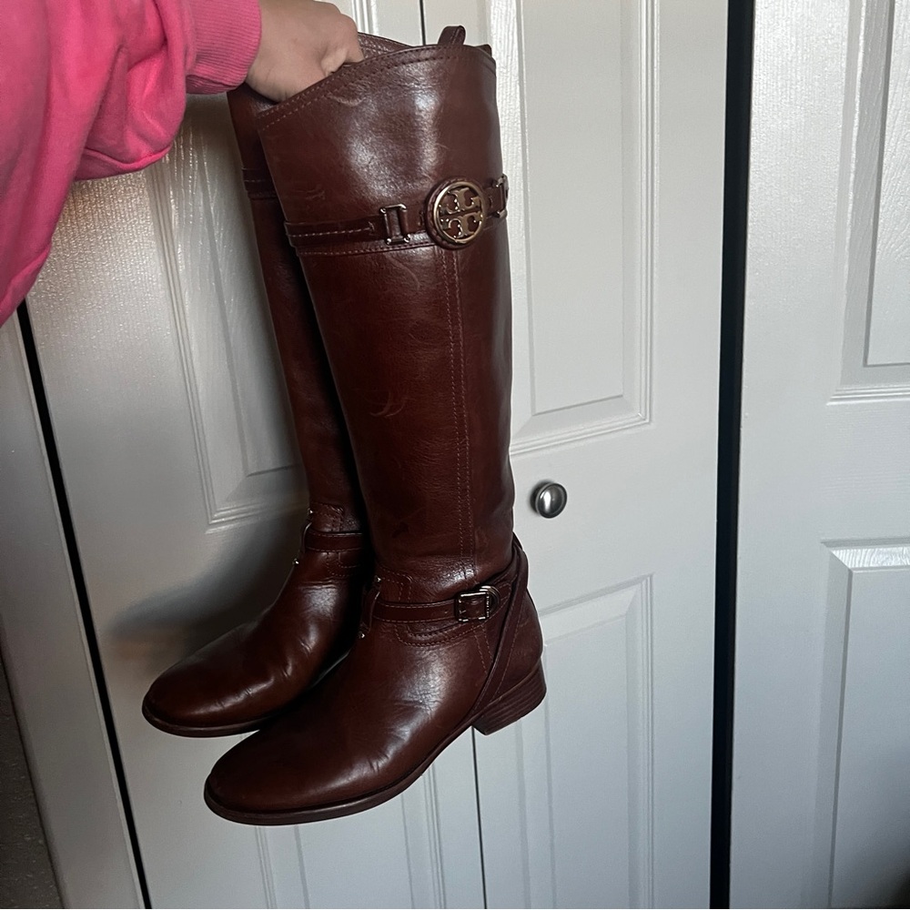 TORY BURCH Calista Cognac Leather Riding Boot SZ 7 - Picture 11 of 15